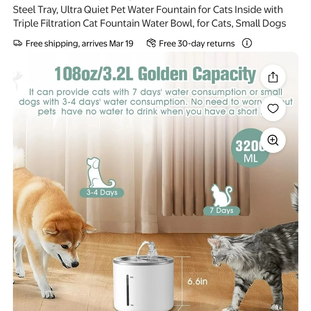 Pet Fountain with Stainless Steel Tray, Automatic Dog / Cat Water Bowl Fountain