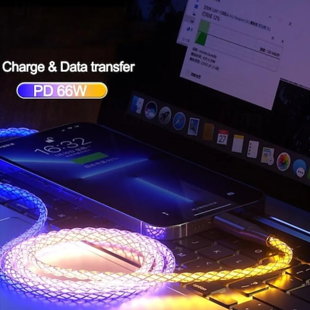 🍭35” Multi Color Light Up Charging Cable USB A - USB C🍭 +Color changing USB plug
