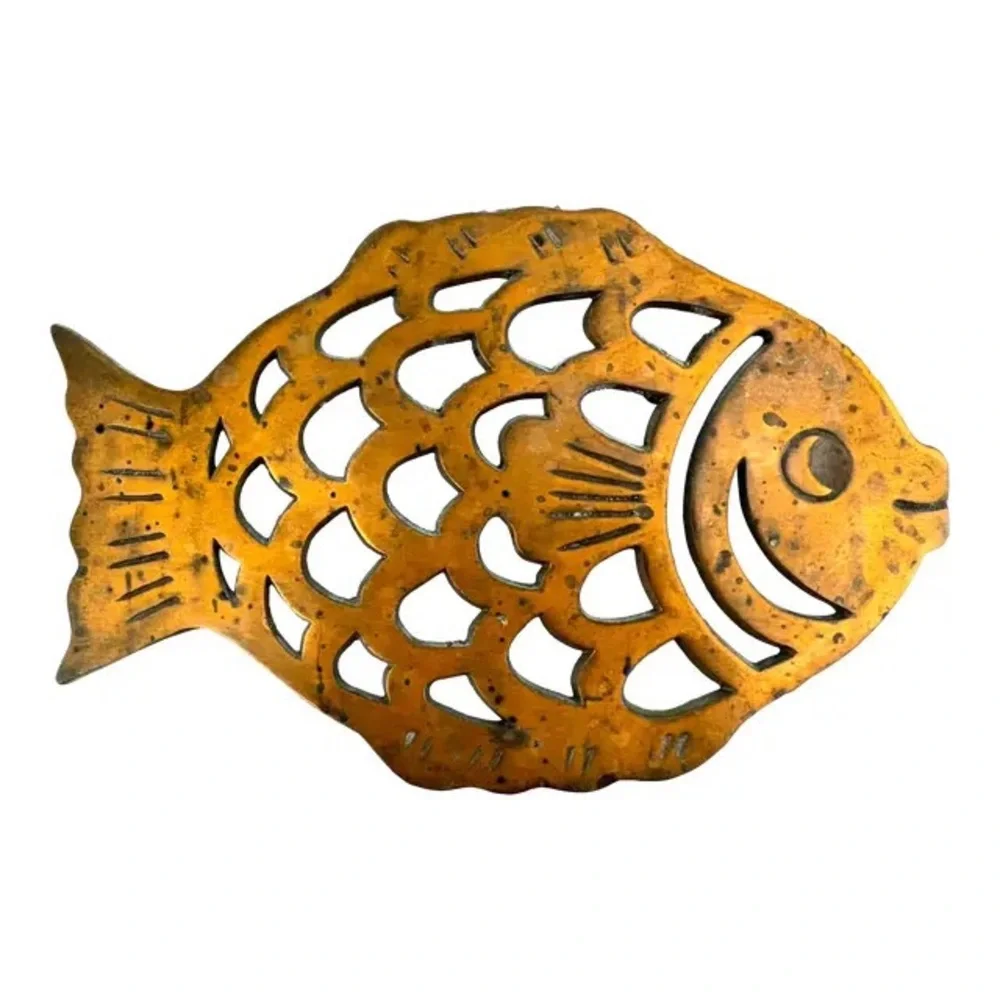 Vintage Fish-Shaped Brass Trivet With Pierced Design