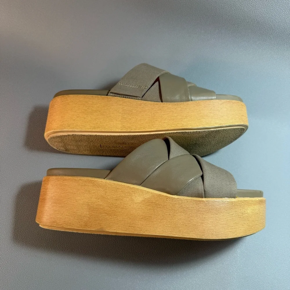 Lucky Brand Dikona Beige Woven Leather and Elastic Strap Platform Sandals