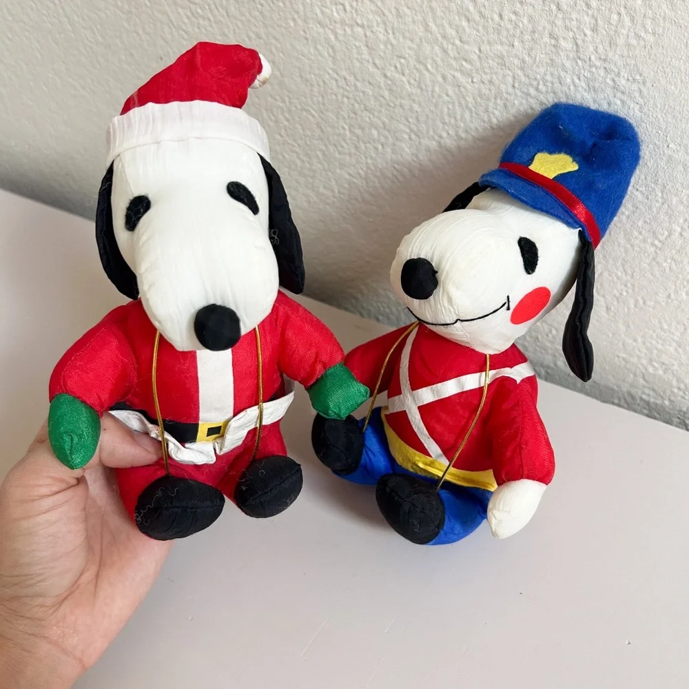 Vintage Snoopy Peanuts Christmas Tree Ornaments Plush set of two, Santa, Soldier