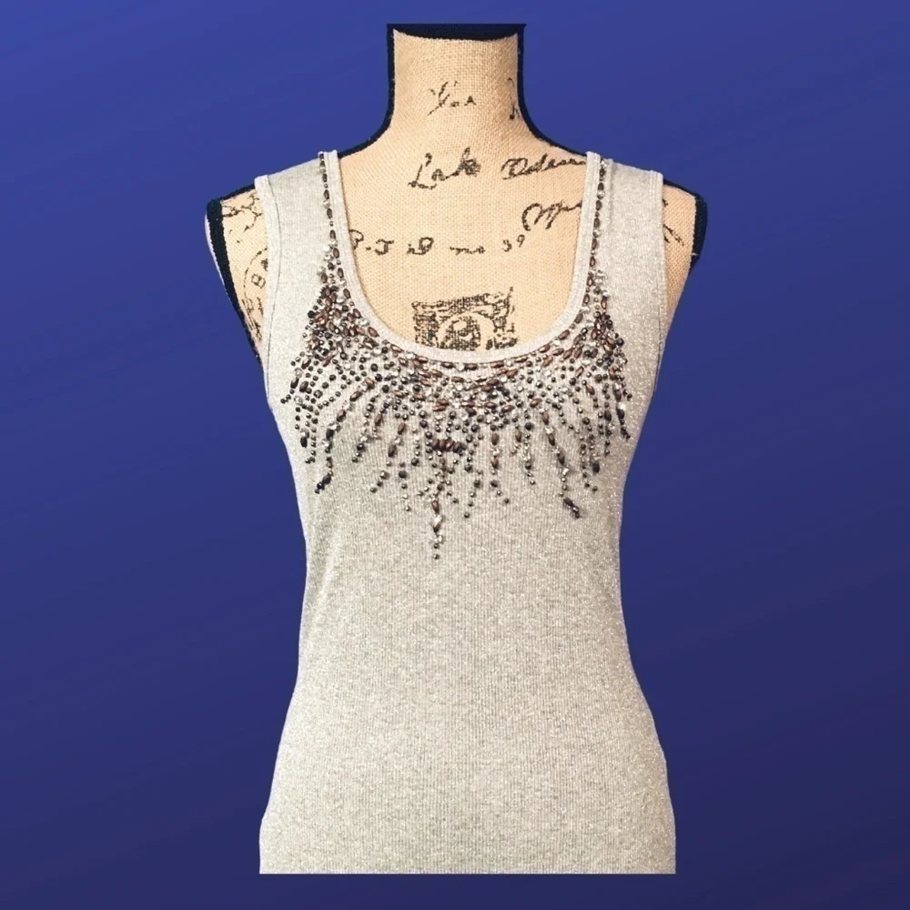 JON Tank Top, Beaded Metallic Sparkle Scoop Neck Shell, SILVER, Size Small, EUC