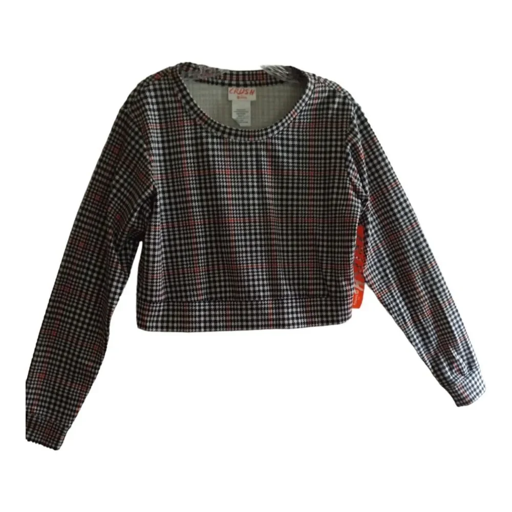 CRUSH Crop Top ABC Family Womens Large Houndstooth Plaid Long Sleeve NWT