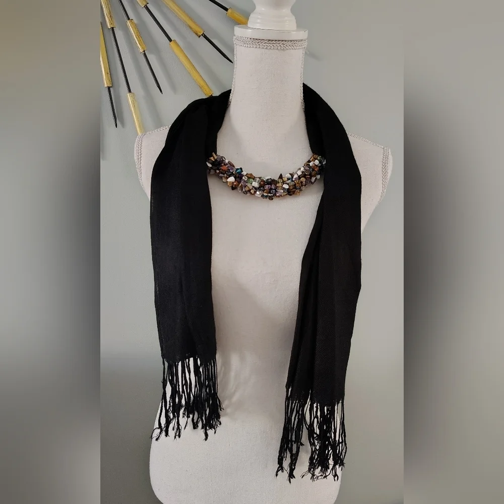 Artisan Crystal Beaded Necklace Scarf Stone Chips Nuggets Wrapped Fringe Black