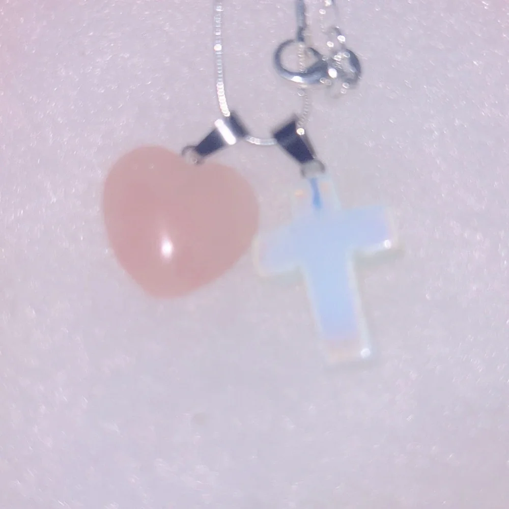 Boho hippie Opal Cross and Rose Quartz Heart Sterling Silver 16” Neckla…