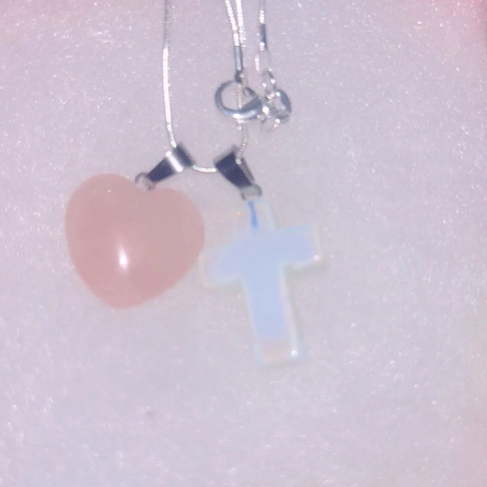 Boho hippie Opal Cross and Rose Quartz Heart Sterling Silver 16” Neckla…