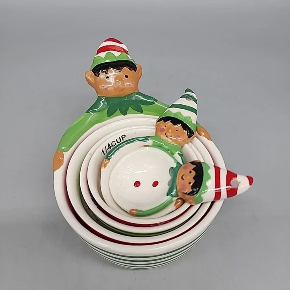 Christmas Elf Nesting Measuring Cups Spoons Set of 6 Stoneware Ceramic