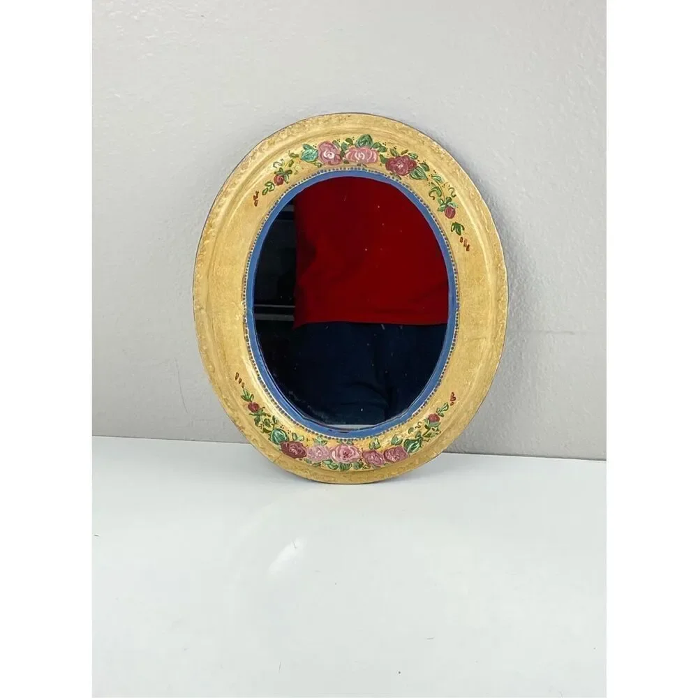 Antique Vintage Handpainted Floral Oval Wall Mirror Deep Wood Frame 12x14x1.25in