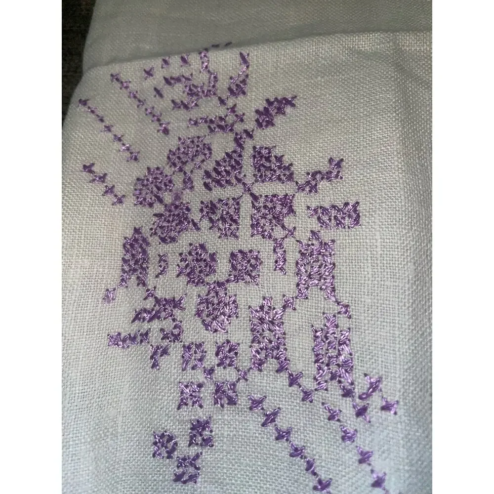 Vintage Linen Kitchen Towel Embroidered  Purple Stitching Boho Cottagecore