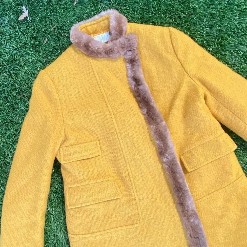 1950s Vintage Goldenrod Wool Coat w/ Faux Fur Trim XS Women’s Union Made in USA
