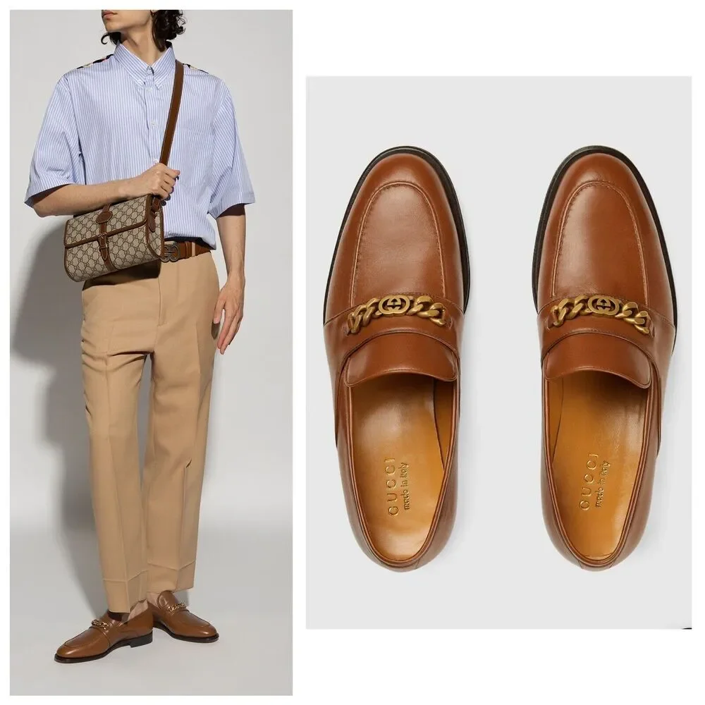 Gucci Chain Interlocking GG 9.5/ US 10 Loafer Brown Italian Leather Shoe NIB