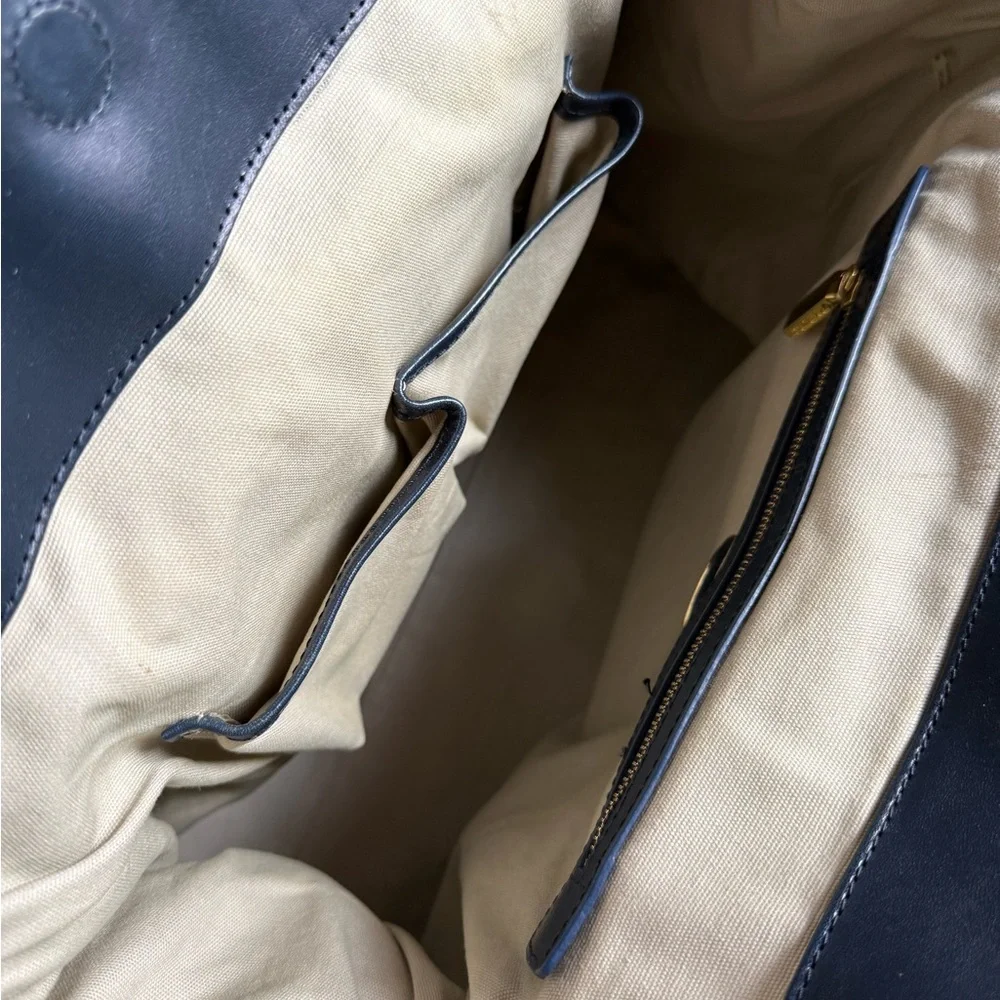 Tory Burch Navy Blue and Canvas Cream Women's Tote Bag