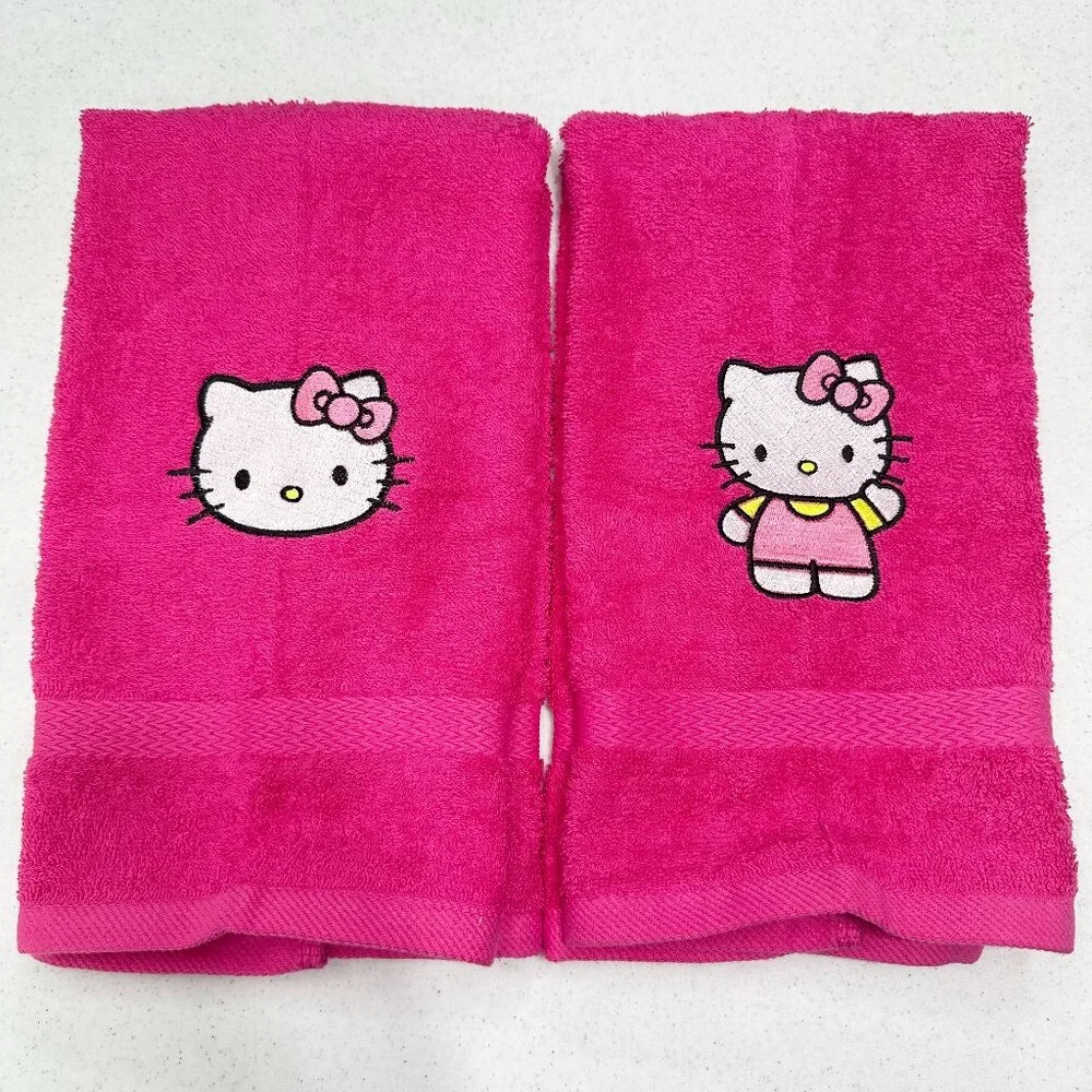 Hello Kitty Towels Embroidered Hand Towel Set Hot Pink Cute Girly Bathroom Decor