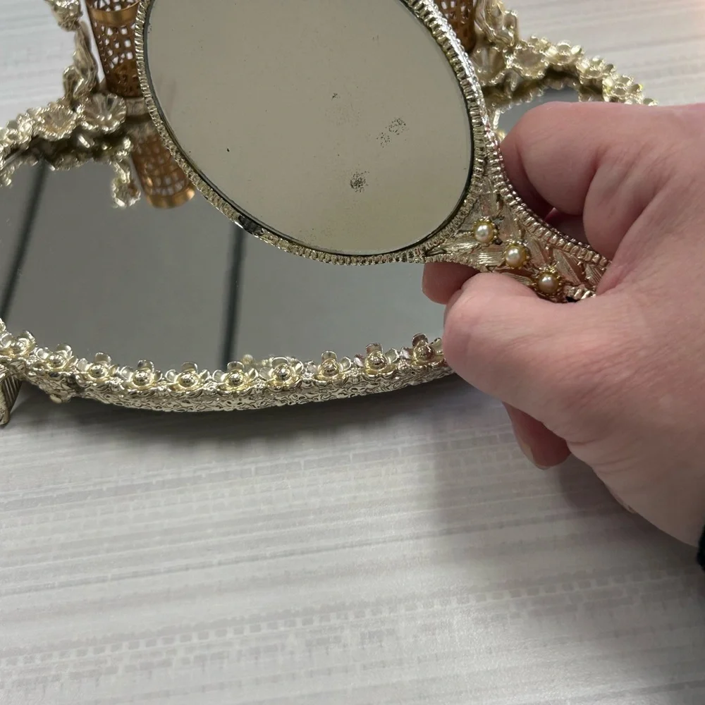 Vintage Sam Fink signed vanity lipstick holder and hand mirror 1950s