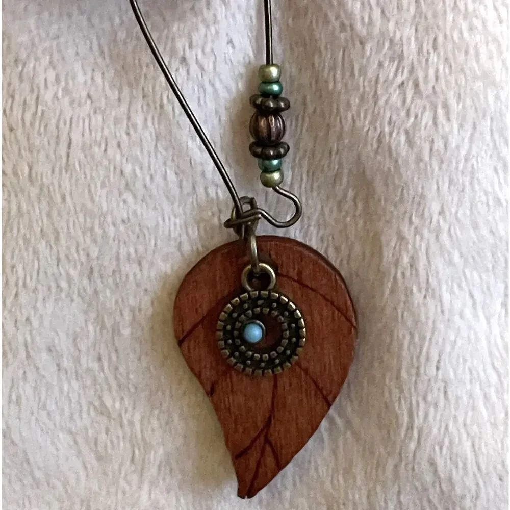 NEW Western Wooden Leaf Feather Earrings Brown with Turquoise Beading Boho Drop
