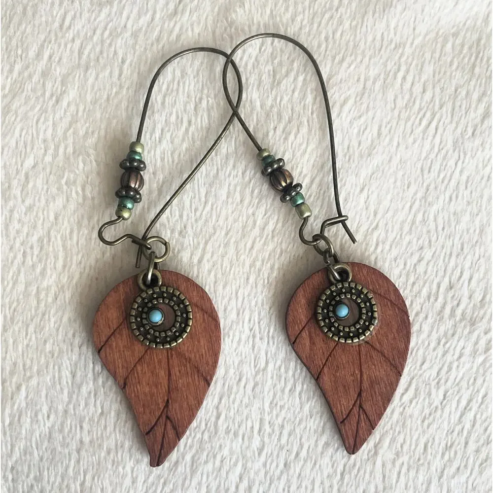 NEW Western Wooden Leaf Feather Earrings Brown with Turquoise Beading Boho Drop