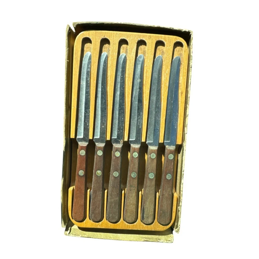 6 Serrated Plain Stainless Steel Knives Wooden Handle Holder Top Flight Burrell