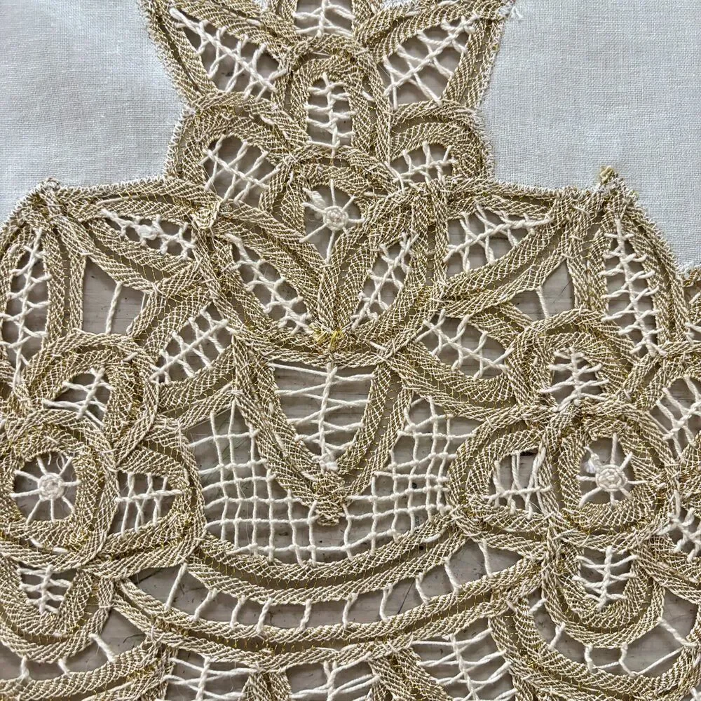 Holiday Gold Metallic Lace Table Runner Battenberg Floral 17x60