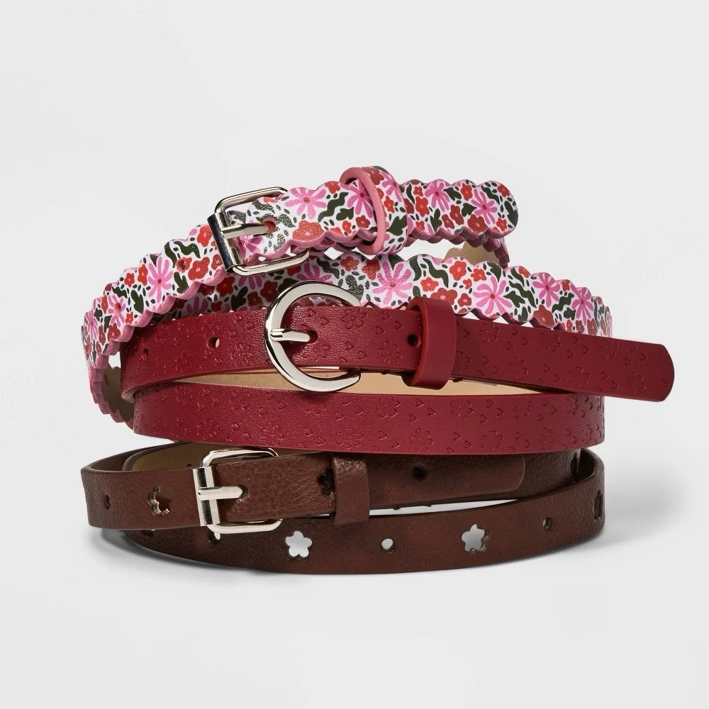 Kids' 3pk Flower Themed Belt Set - Cat & Jack™ Brown/Pink/Red L