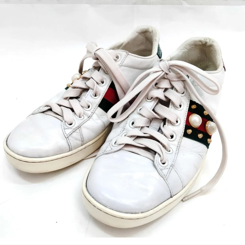 Gucci Sneakers Leather Ace Sherry Line Pearl Studs Size 36.5