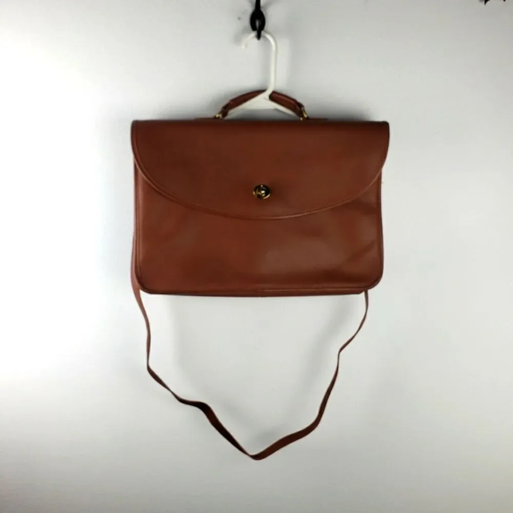 Unisex Brown Leather Clasp Closure Side Laptop Briefcase Bag Size Medium