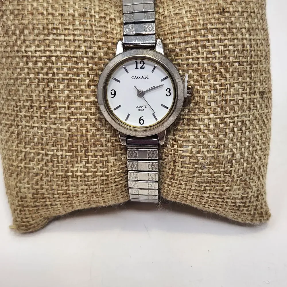 Carriage by Timex Ladies Silver Tone Stretch Band Watch Wristwatch Round Works.