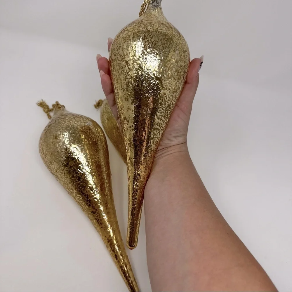 Large Gold Blown Glass Tear Drop Crackled Ornaments 11 1/2” Set Of 3