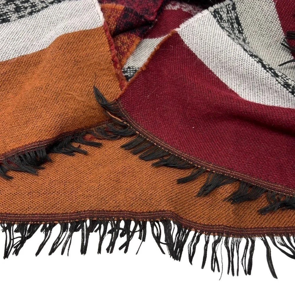 Andrew Mark Aztec Print Large Fringe Shawl Cape Wrap Autumn Colors Stripes Scarf