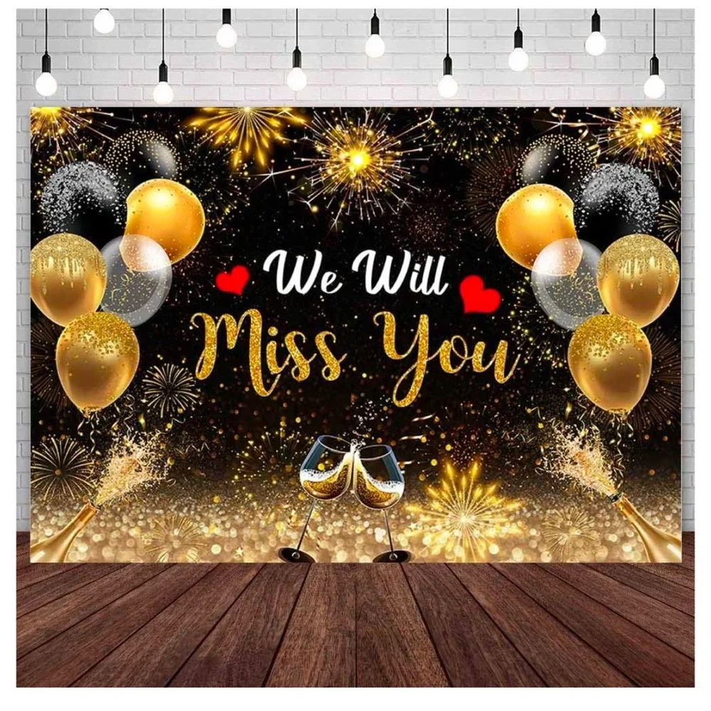 We Will Miss You Backdrop, 5 x 7,Black Gold Glitter Balloon