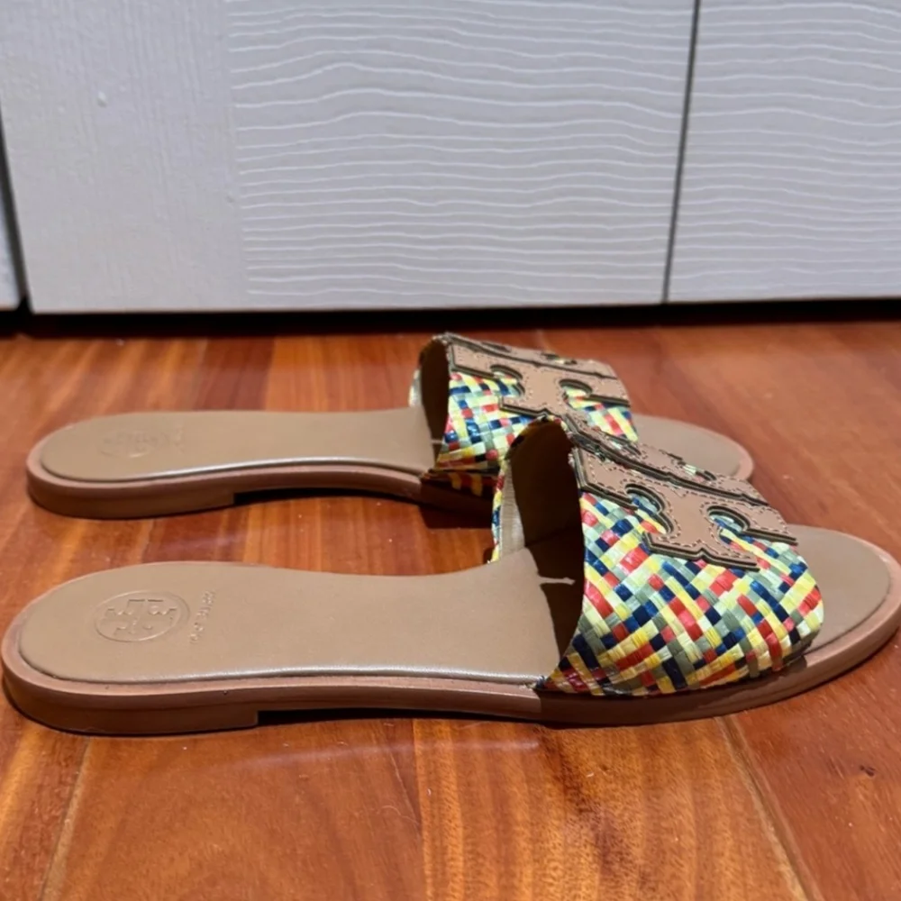 Tory Burch Rafia And Leather Ines Multicolor Slide Sandals 8