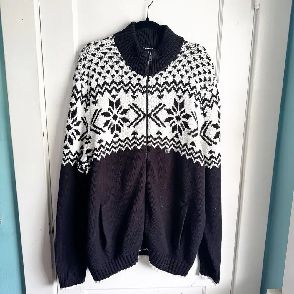 EXPRESS Men's Nordic Fair Isle Holiday Chunky Zip Sweater Cardigan Full Zip XXL