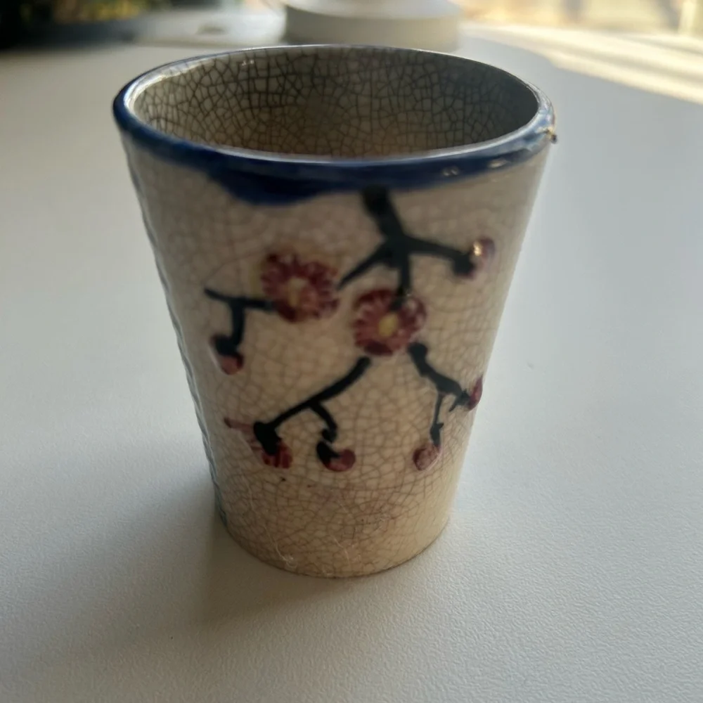Japan Oribe Tea Ceremony cup single crackle glaze floral 3 inches