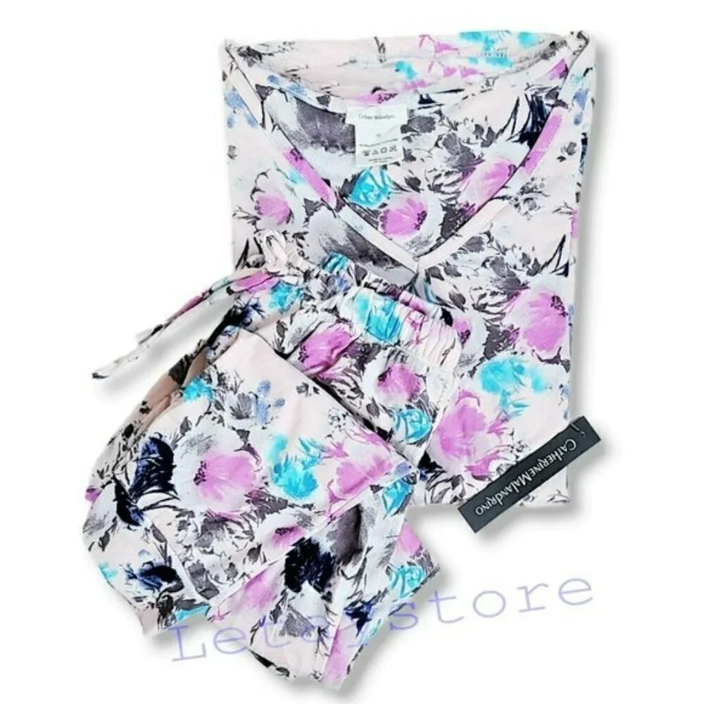 NWT CATHERINE MALANDRINO Ultra Soft Floral V-neck Joggers Pj Set