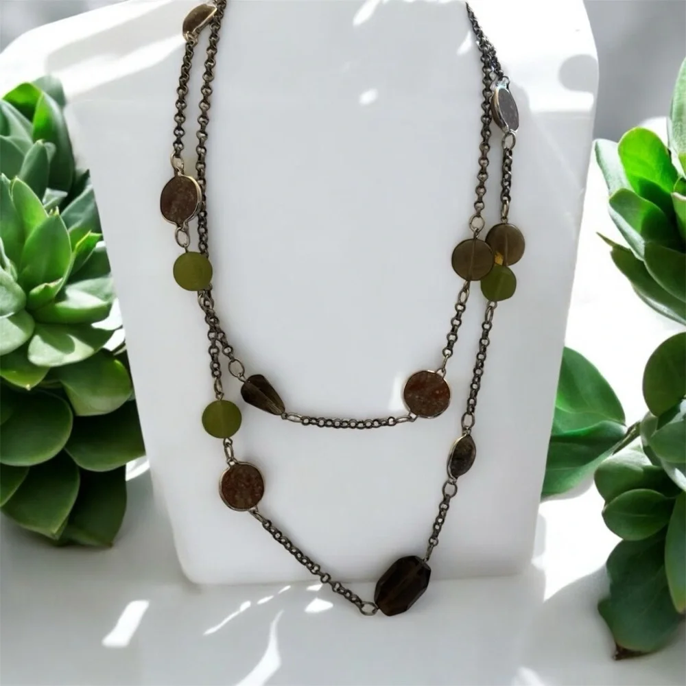 Express Multi-Color Double Antiqued Silver Chain and Natural Beads Necklace