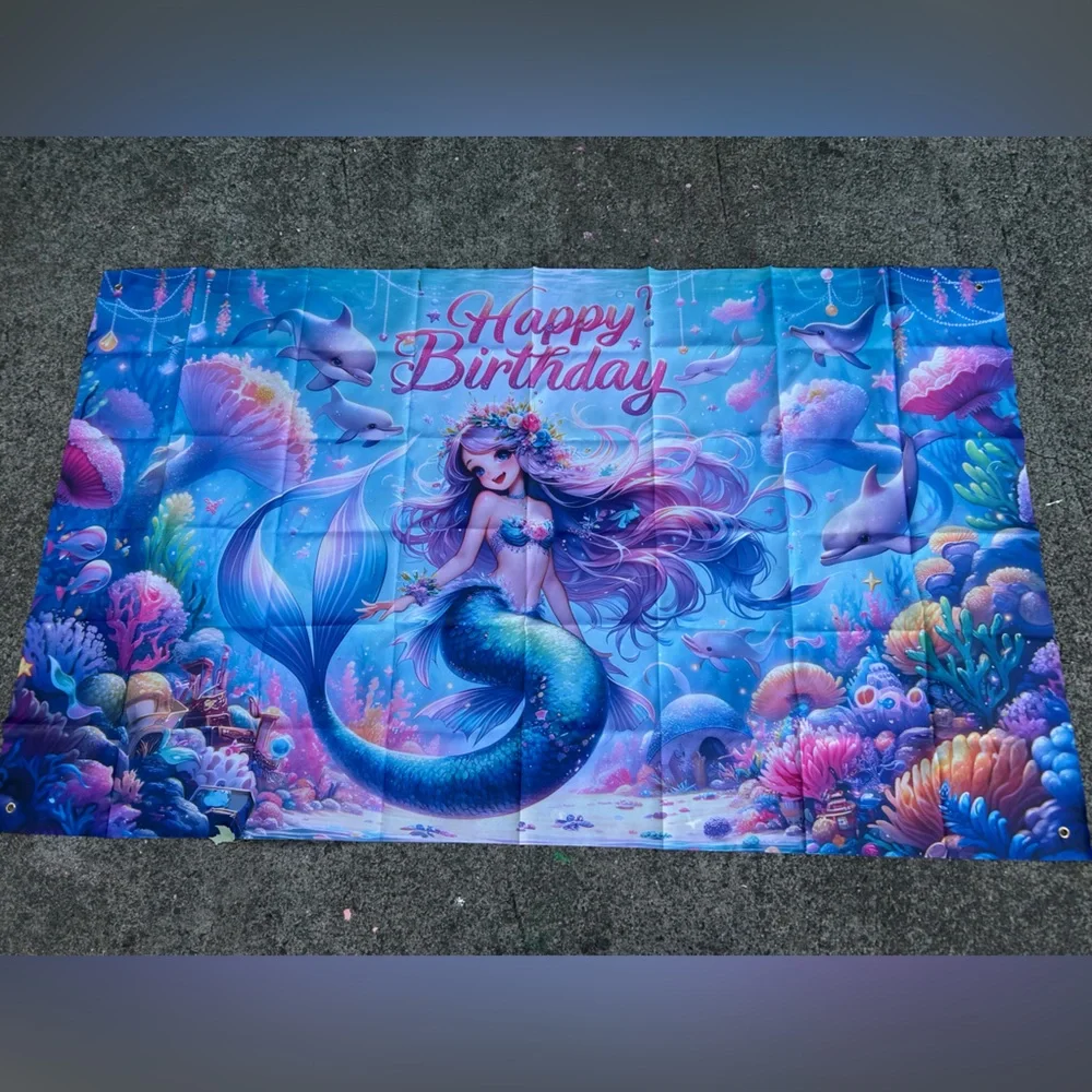 Mermaid & Dolphins Happy Birthday backdrop, 4 x 6,