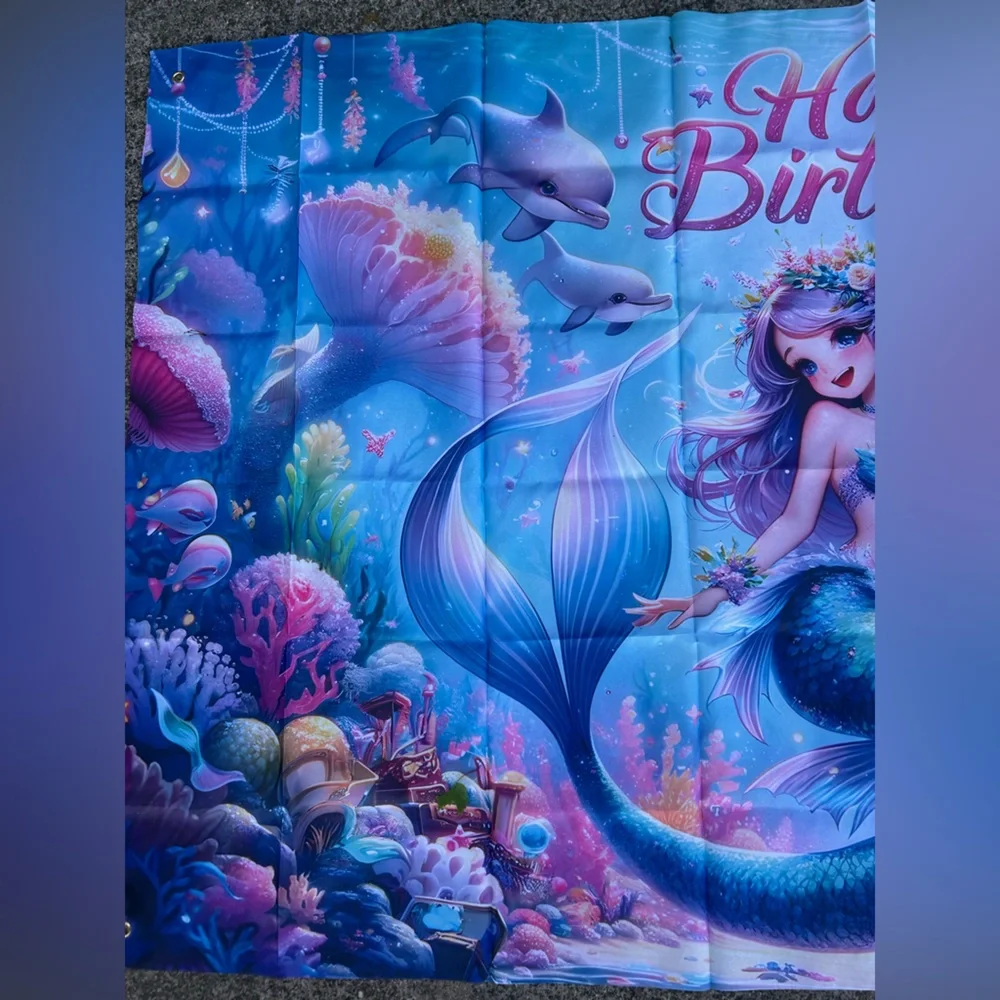 Mermaid & Dolphins Happy Birthday backdrop, 4 x 6,