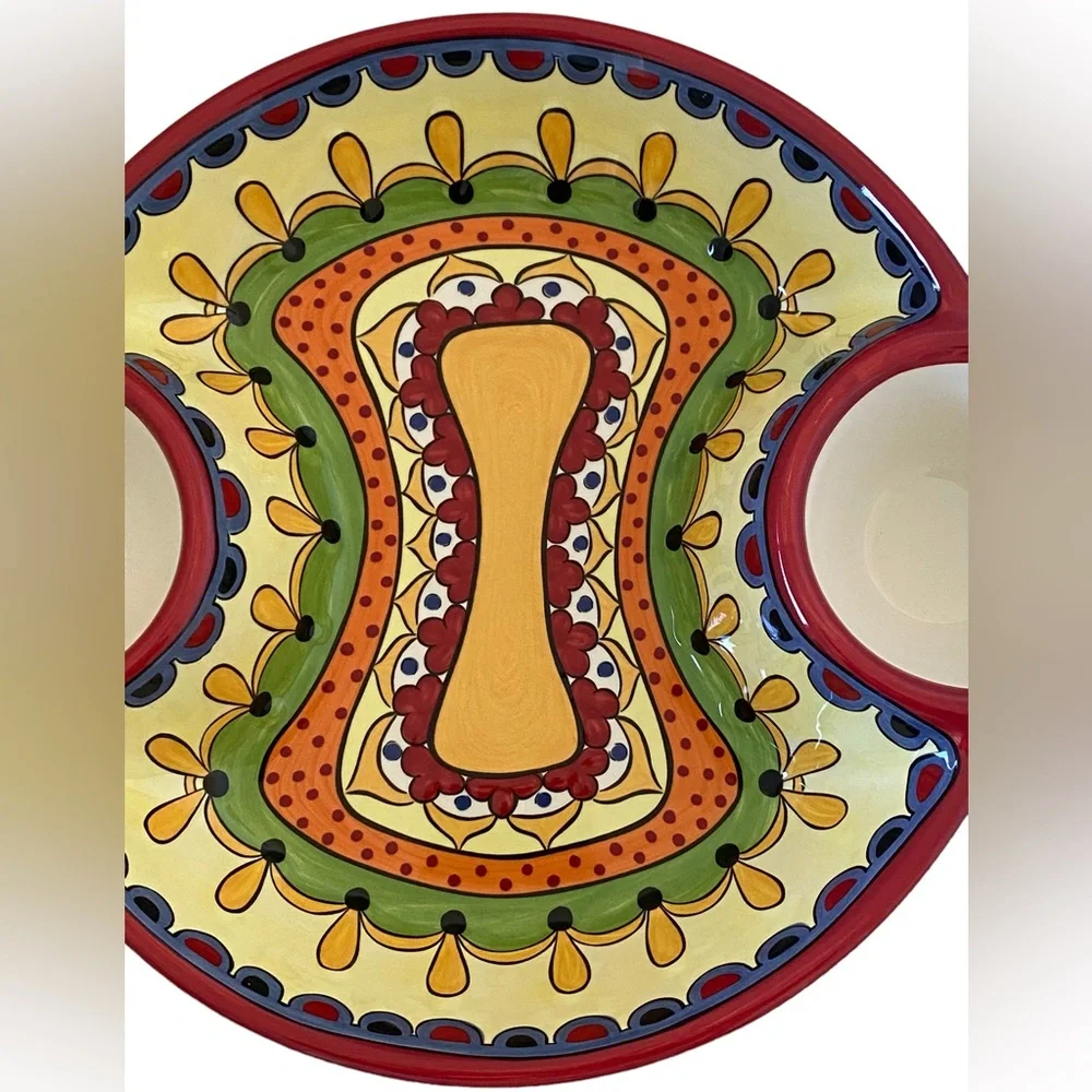 PIER 1 IMPORTS Colorful Ceramic Grenada Chips and Dips Serving Bowl