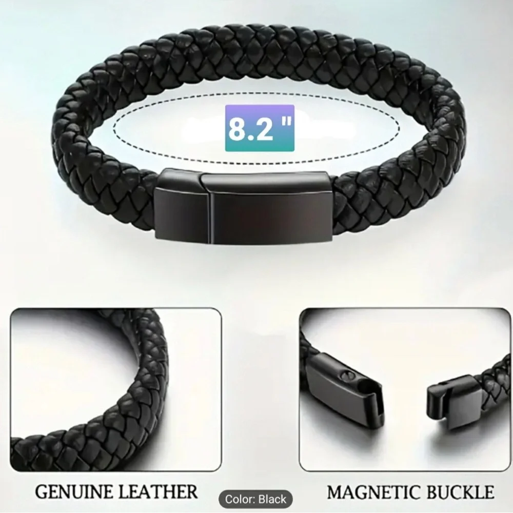 Mens Braided Genuine Leather Bracelet Black Magnetic Buckle 8.2 Inch Cord Wrap