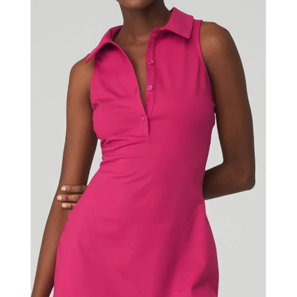 Alo Charmed Tennis Dress Magenta Crush Button-Up V-Neck Sleeveless Henley Mini L