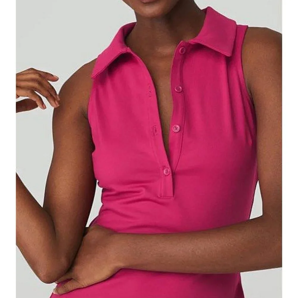 Alo Charmed Tennis Dress Magenta Crush Button-Up V-Neck Sleeveless Henley Mini L
