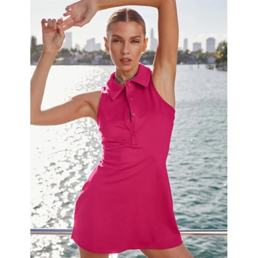 Alo Charmed Tennis Dress Magenta Crush Button-Up V-Neck Sleeveless Henley Mini L