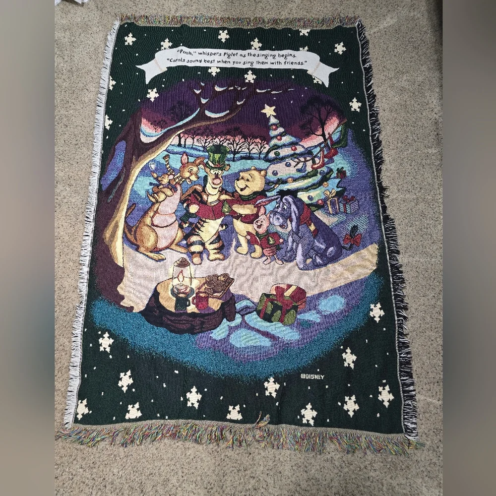 Vtg Disney Winnie The Pooh Piglet Christmas Carolers Tapestry Throw Blanket