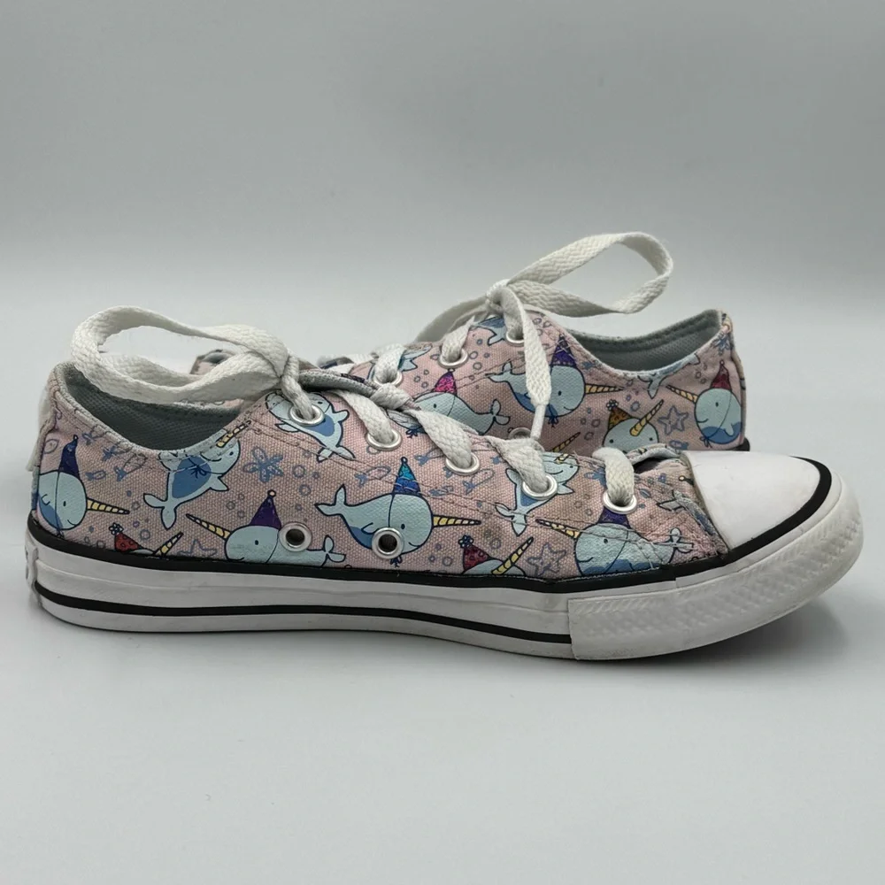 Converse All Star Junior Pink Narwhal Print Low Top Lace Up Sneakers Size 2