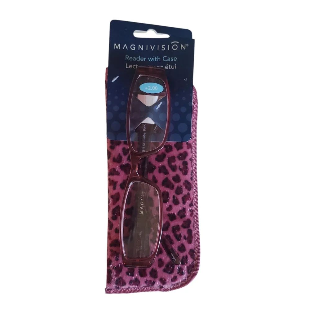 Magnivision +2.00 Reader Glasses With Case Pink Animal Print