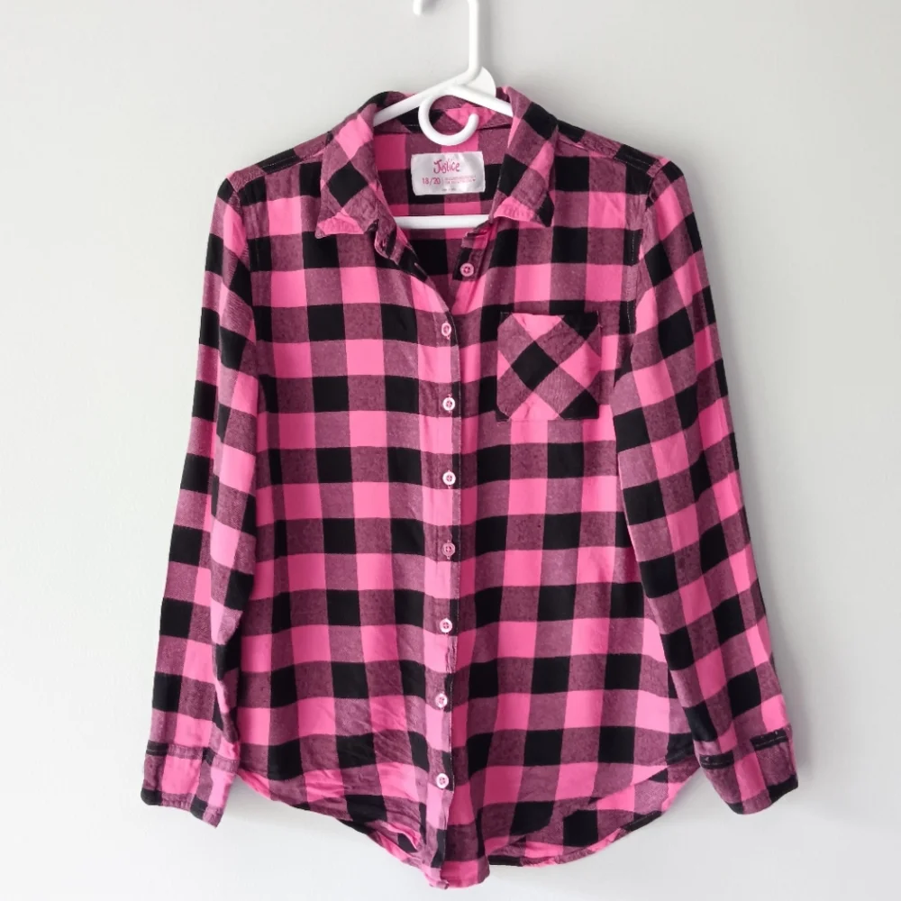 Justice Flannel Long-Sleeved Shirt Button Down Plaid Pink Black Size 18/20