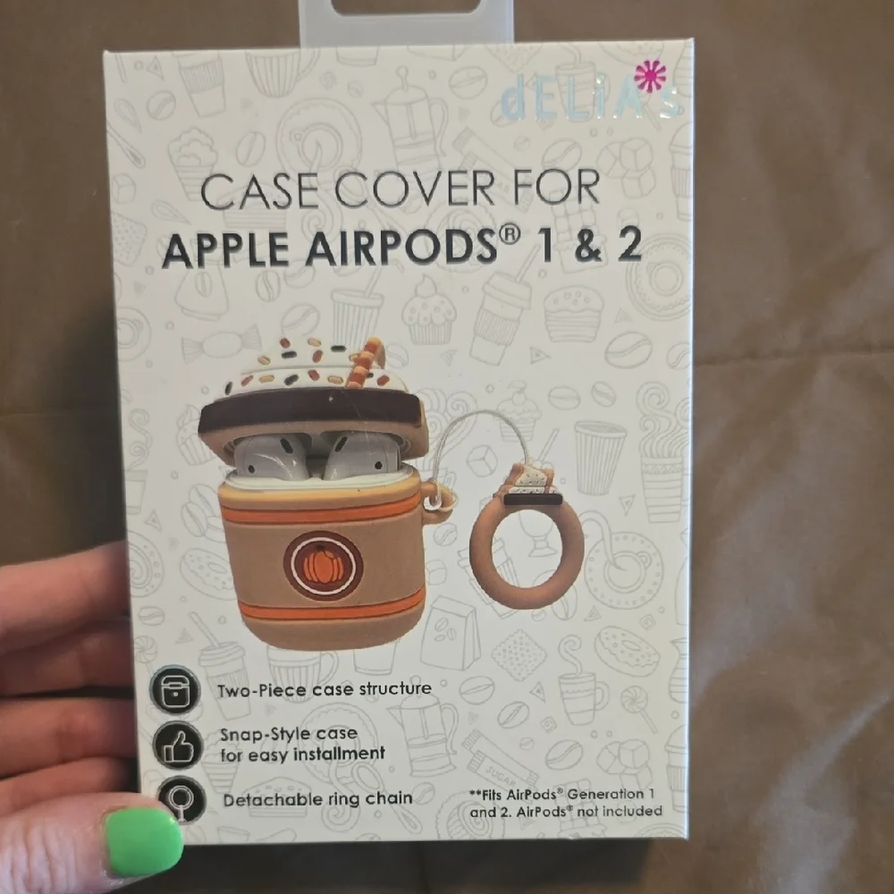dELiA*s Orange and Brown AirPods Cover with Cartoon Coffee Design