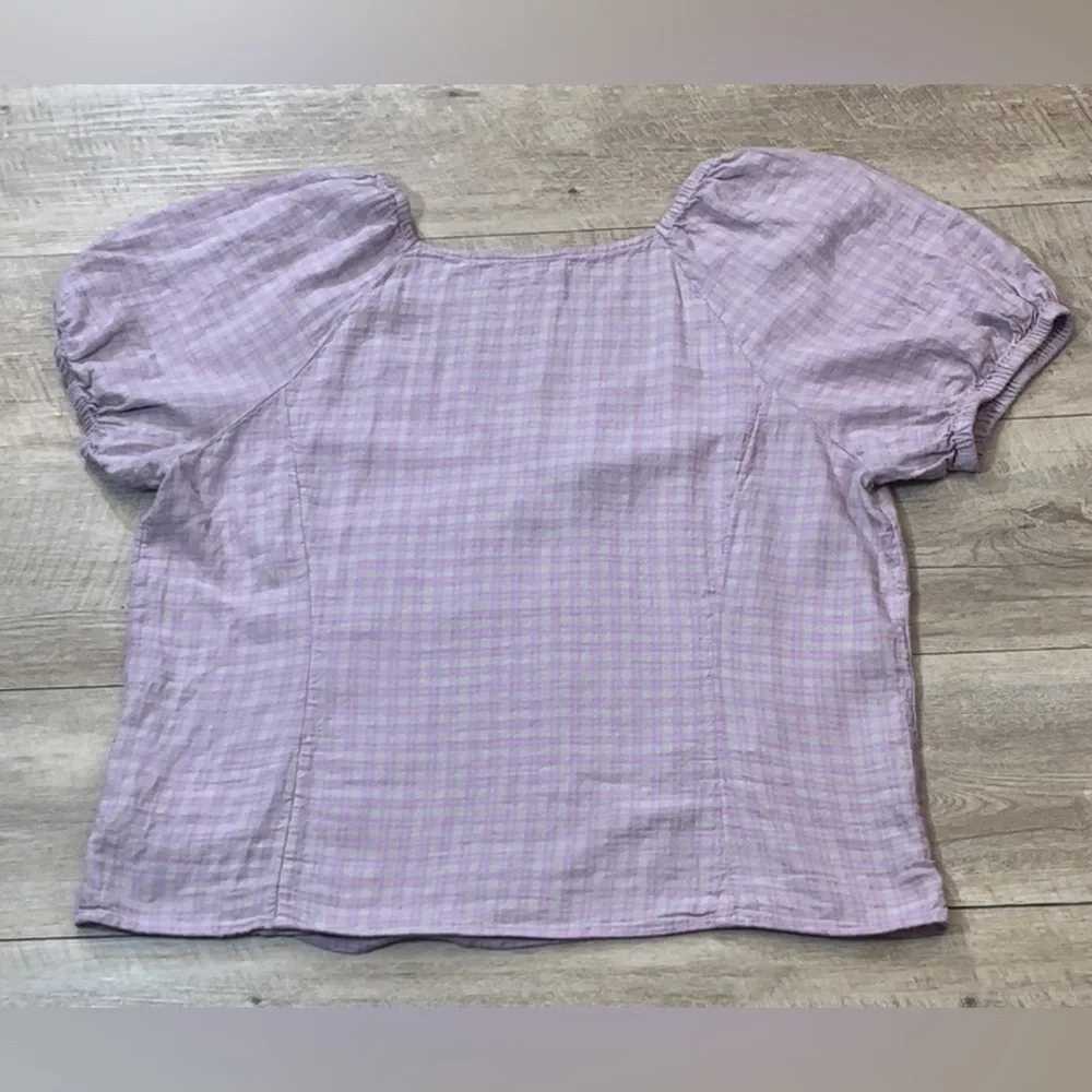 Madewell Women’s Linen Blend Lavender Plaid Puff Sleeve Button Wrap Top Size XL