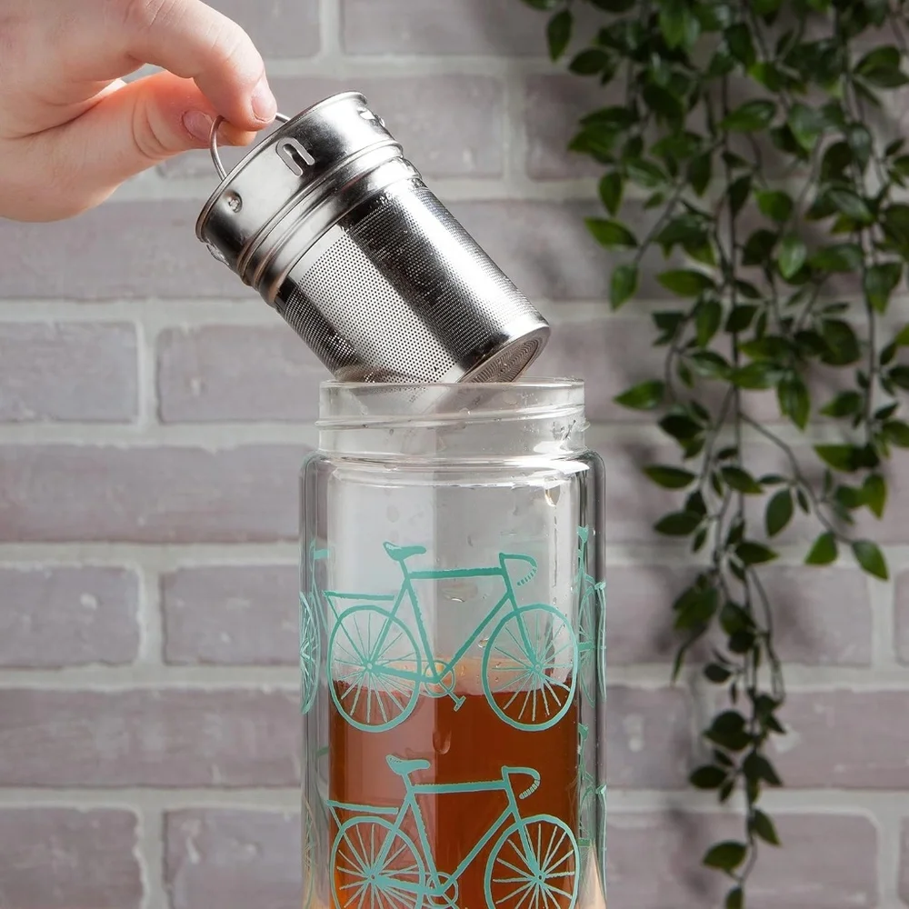 Kitchen Kaboodle Glass Tea Infuser Bamboo Lid Bottle With Printed Teal Bicycles