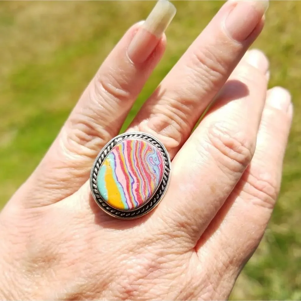 New Rainbow Calsilica Sterling Silver Ring Sz 9
