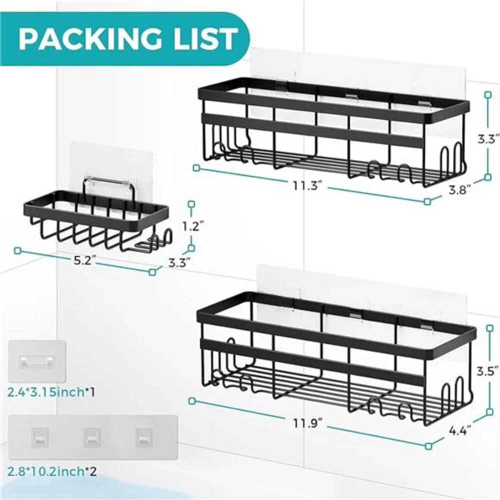 Shower Caddy, 3-Pack with Soap Holder, No Drilling Rustproof